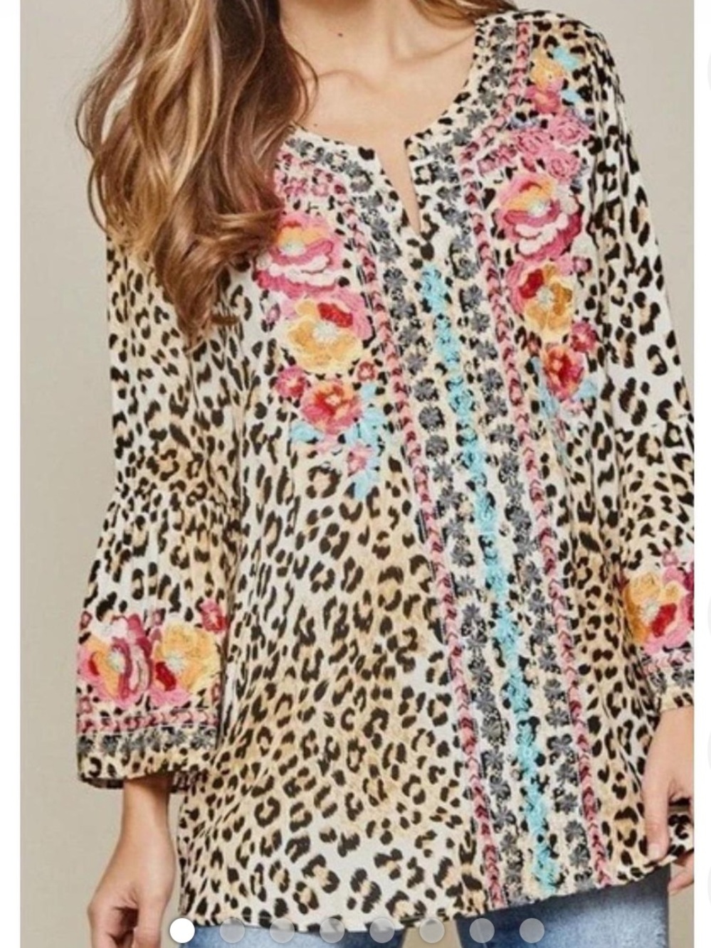 Savanna Jane Leopard Print Embroidered V-Neck Women's Top - Cream/Multi